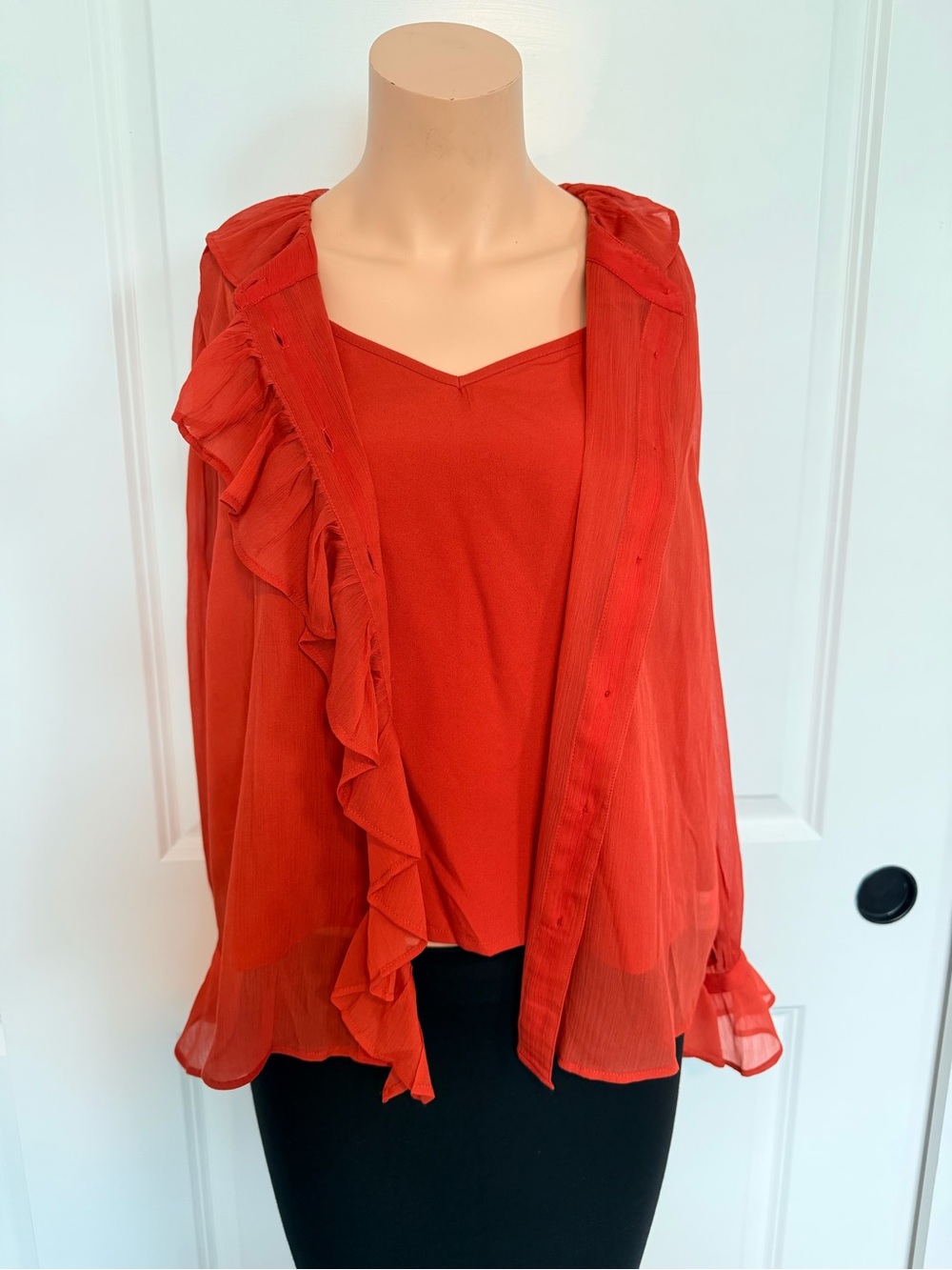 Sam Edelman Vibrant Red Ruffle-Front Button Down Blouse - Picture 2 of 8